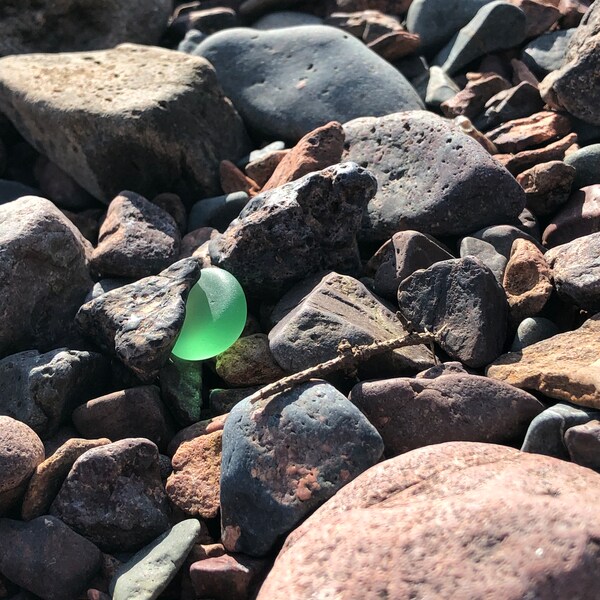 Mermaid's Tear, Genuine Atlantic Sea Glass - rare round shape. “ Mermaid Tear “ recovered from Bay Fundy, Canada. 1 piece, Green in colour.