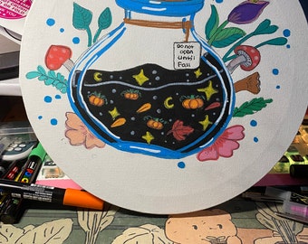 May include: A hand-painted canvas depicting a blue glass bottle with a cork stopper. The bottle is filled with a dark liquid and contains small pumpkins, stars, and crescent moons. The bottle has a tag that reads "Do not open until Fall". The bottle is surrounded by flowers, leaves, and mushrooms.