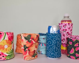 Reversible fabric can coozie, insulated can cooler, fabric can insulator
