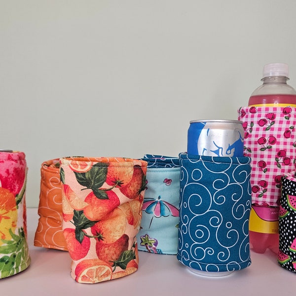 Reversible fabric can coozie, insulated can cooler, fabric can insulator