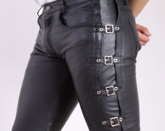 Men's Leather Buckle Pants, Leather Pants for Men, Party Pants, Casual Wear Leather Pants. Leather trouser for boys.