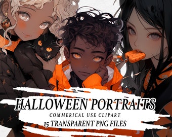 Halloween Anime Portretten, Clipart Png, Kawaii Fantasy Journal, Stickers, Dromerig, Afdrukbaar, PNG Clipart, Commerciële Clipart, Digitale Kunst