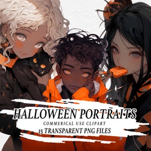 Halloween Anime Portraits, Clipart Png, Kawaii Fantasy Journal, Stickers, Dreamy, Printable, PNG Clipart, Commercial Clipart, Digital Art