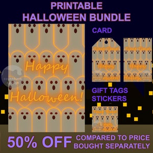 Pacchetto di etichette regalo e adesivi per biglietti Happy Halloween stampabili. Scaricamento digitale. Divertimento spettrale e spaventoso! Design artistico originale colorato.