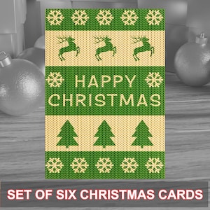 6er Pack Weihnachtskarten im Strickpullover-Look, ideal für die Festtage. Wird mit Kraftpapier-Umschlägen geliefert. Origineller Entwurf.