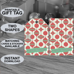 Printable mid century modern style Season’s Greetings gift tags. Retro 1950s style Christmas. Digital download. Original design.