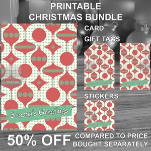 Printable mid century modern style Season’s Greetings Card Gift Tags and Stickers Bundle. Retro 1950s style Christmas. Digital download.