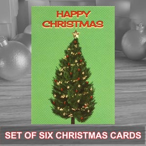 Pack de 6 Tarjetas de Navidad de estilo pop-art moderno ideales para las fiestas navideñas. Se suministra con sobres kraft. Diseño original.
