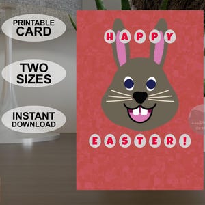 Carte de Joyeuses Pâques A5 et 5 x 7 pouces instantanément imprimable, carte de voeux colorée de style pop art, téléchargement numérique de conception originale de lapin de Pâques