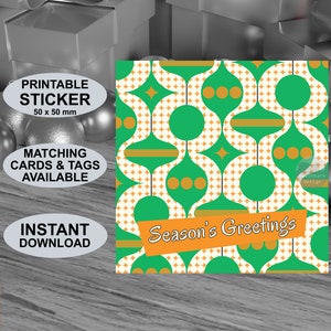 Printable mid century modern style Season’s Greetings stickers 50 x 50mm. Retro 1950s style Christmas. Digital download. Original design.