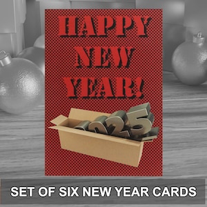 Desempaqueta el 2025 con un paquete de 6 tarjetas de felicitación de Año Nuevo de estilo moderno. Se entregan con sobres kraft. Diseño original.