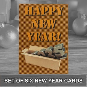 Déballez 2025 avec un lot de 6 cartes de vœux du Nouvel An dans un style moderne. Fourni avec des enveloppes kraft. Conception originale.