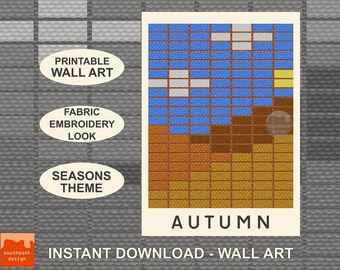 Instantly printable season themed wall art, multiple print sizes up to A2 with fabric / embroidery effect, original design digital download.