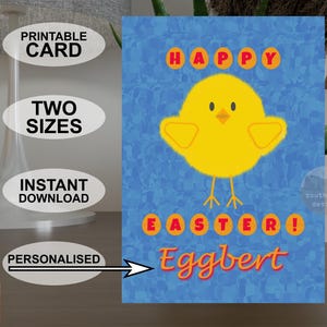 Carte de Joyeuses Pâques imprimable personnalisée A5 et 5 x 7 pouces, carte de voeux colorée de style pop art, téléchargement numérique personnalisé original poussin de Pâques.