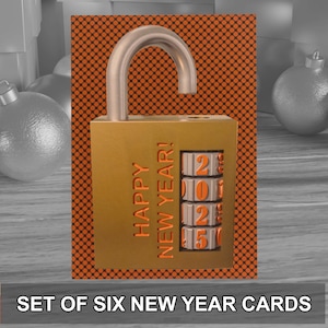 Desbloquea el 2025 con un paquete de 6 tarjetas de felicitación de Año Nuevo en un estilo moderno ideal. Se entregan con sobres kraft. Diseño original.