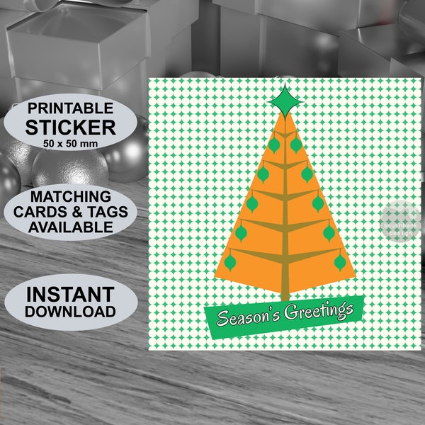 Printable mid century modern style Season’s Greetings stickers 50 x 50mm. Retro 1950s style Christmas. Digital download. Original design.