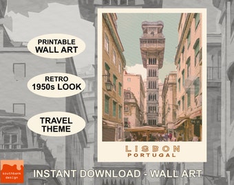 Printable Lisbon Wall Art. Retro 1950s poster style. Portuguese holiday travel theme. Digital download. Original design and photography.