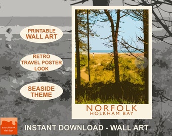 Printable Norfolk seaside wall art. Retro style travel poster. Coast holiday theme. Digital download. Original design and photography.