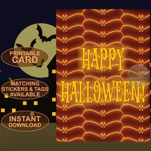 Druckbare Happy Halloween Karte. Digitaler Download. Gruseliger, gruseliger Spaß! Farbenfrohes Original Kunst Design.