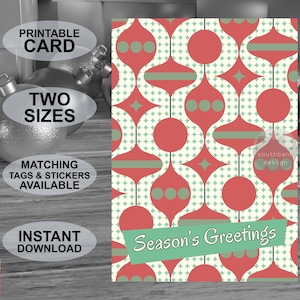Printable mid century modern style Season’s Greetings card. Retro 1950s style Christmas. Digital download. Original design.