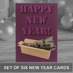 Desempaqueta el 2025 con un paquete de 6 tarjetas de felicitación de Año Nuevo de estilo moderno. Se entregan con sobres kraft. Diseño original.