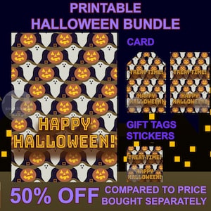 Druckbare Happy Halloween Karte Geschenkanhänger und Aufkleber Bundle. Digitaler Download. Gruseliger, gruseliger Spaß! Farbenfrohes Original Kunst Design.