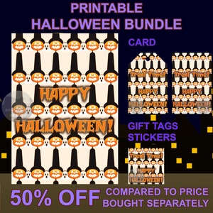 Pacchetto di etichette regalo e adesivi per biglietti Happy Halloween stampabili. Scaricamento digitale. Divertimento spettrale e spaventoso! Design artistico originale colorato.