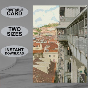 Tarjeta de felicitación de Lisboa imprimible. Aspecto de pintura de acuarela. Apto para todas las ocasiones. Descarga digital. Diseño original.