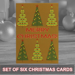 Paquete de 6 tarjetas navideñas de estilo moderno de mediados de siglo, ideales para la temporada festiva. Se entregan con sobres de papel kraft. Diseño original.