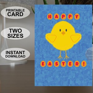 Carte de Joyeuses Pâques A5 et 5 x 7 pouces instantanément imprimable, carte de voeux colorée de style pop art, téléchargement numérique original de conception de poussin de Pâques.