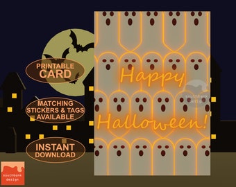 Printable Happy Halloween Card. Digital Download. Spooky, scary fun! Colourful original art design.