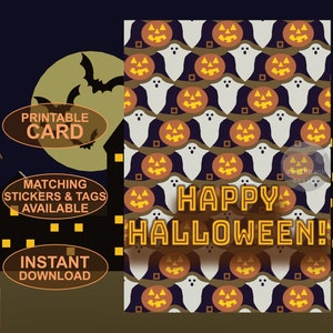 Druckbare Happy Halloween Karte. Digitaler Download. Gruseliger, gruseliger Spaß! Farbenfrohes Original Kunst Design.