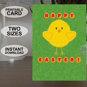 Carte de Joyeuses Pâques A5 et 5 x 7 pouces instantanément imprimable, carte de voeux colorée de style pop art, téléchargement numérique original de conception de poussin de Pâques.