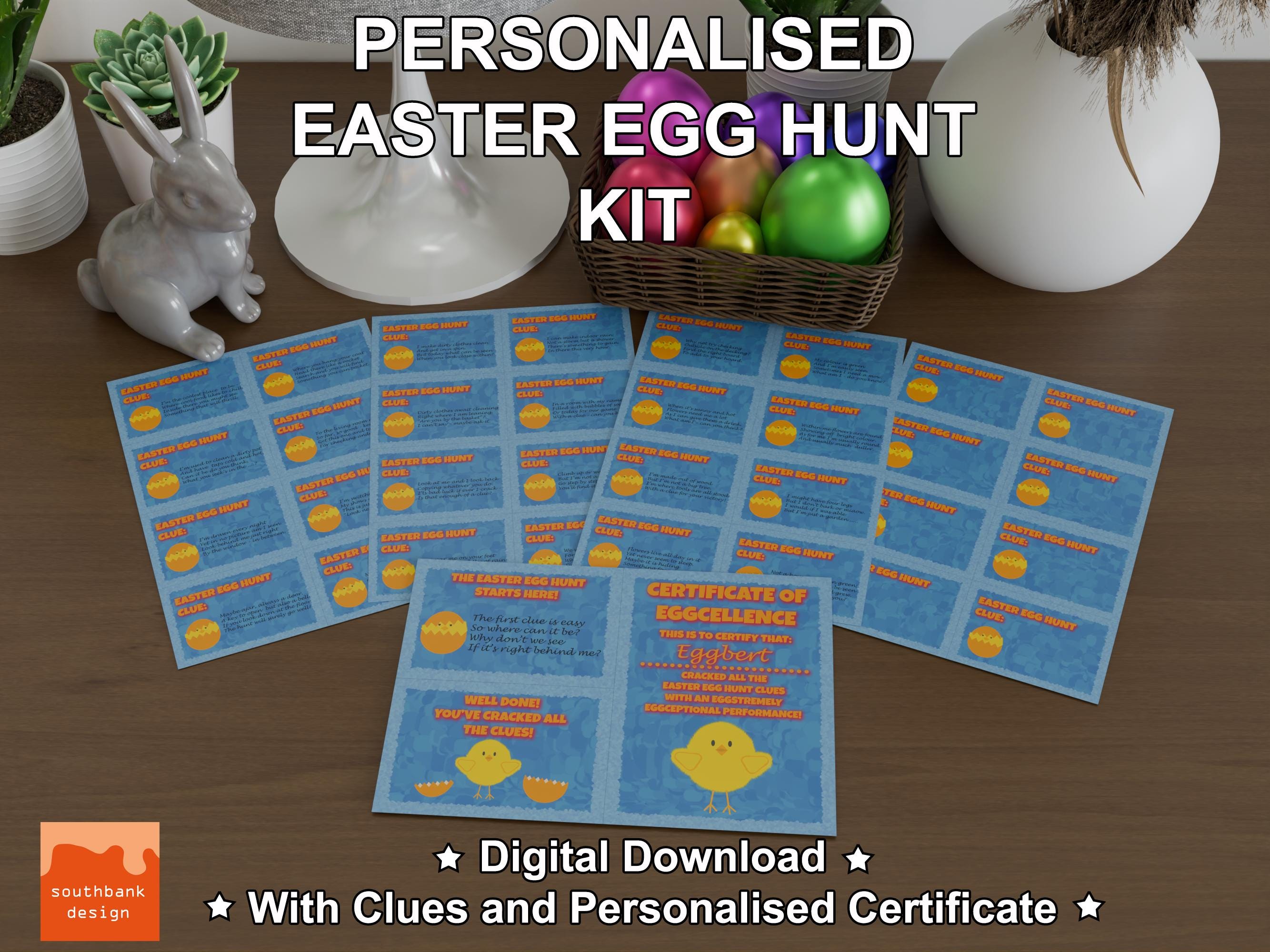Personalised printable Easter Egg Hunt Kit, with colourful clues and custom Certificate of Eggcellence, Easter chick design digital download