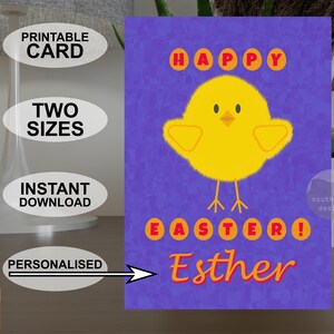 Personalisierte druckbare A5 und 5 x 7 Zoll Frohe Ostern Karte, bunte Grußkarte im Pop Art Stil, Original Osterküken individueller digitaler Download.