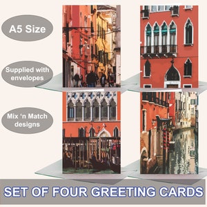 Paquete de 4 tarjetas de felicitación de Venecia. Se suministra con sobres kraft. Diseño original.