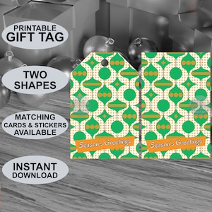 Printable mid century modern style Season’s Greetings gift tags. Retro 1950s style Christmas. Digital download. Original design.