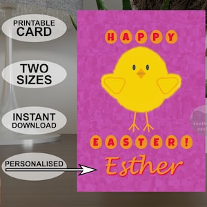 Personalisierte druckbare A5 und 5 x 7 Zoll Frohe Ostern Karte, bunte Grußkarte im Pop Art Stil, Original Osterküken individueller digitaler Download.