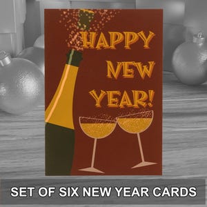 Confezione da 6 biglietti di auguri di Capodanno in stile retrò moderno, ideali per le festività. Forniti con buste kraft. Design originale.