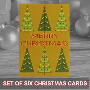 Paquete de 6 tarjetas navideñas de estilo moderno de mediados de siglo, ideales para la temporada festiva. Se entregan con sobres de papel kraft. Diseño original.