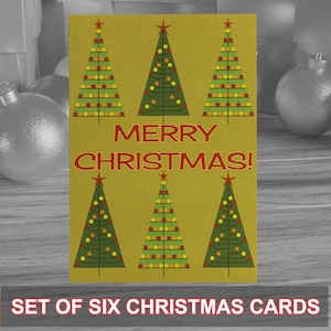 Paquete de 6 tarjetas navideñas de estilo moderno de mediados de siglo, ideales para la temporada festiva. Se entregan con sobres de papel kraft. Diseño original.