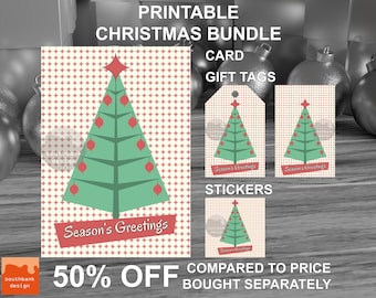 Printable mid century modern style Season’s Greetings Card Gift Tags and Stickers Bundle. Retro 1950s style Christmas. Digital download.