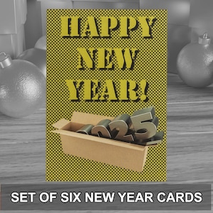 Desempaqueta el 2025 con un paquete de 6 tarjetas de felicitación de Año Nuevo de estilo moderno. Se entregan con sobres kraft. Diseño original.