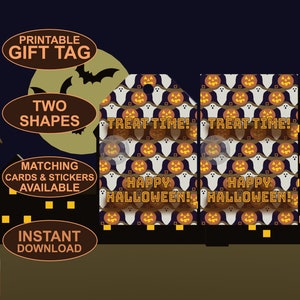 Etichette regalo Happy Halloween stampabili. Scaricamento digitale. Divertimento spettrale e spaventoso! Design artistico originale colorato.
