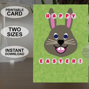 Carte de Joyeuses Pâques A5 et 5 x 7 pouces instantanément imprimable, carte de voeux colorée de style pop art, téléchargement numérique de conception originale de lapin de Pâques