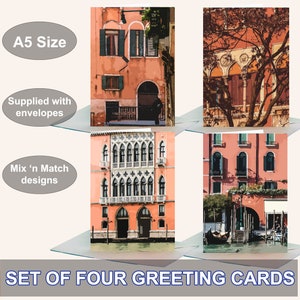 Paquete de 4 tarjetas de felicitación de Venecia. Se suministra con sobres kraft. Diseño original.