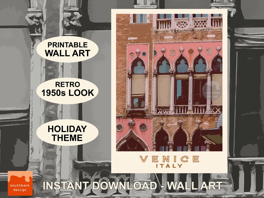 Printable Venice Wall Art. Retro 1950s Poster Style. Italian Holiday Theme. Digital Download ...