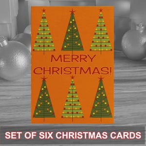 Packung mit 6 Weihnachtskarten im modernen Stil der Mitte des Jahrhunderts, ideal für die Weihnachtszeit. Wird mit Kraftpapier-Umschlägen geliefert. Origineller Entwurf.