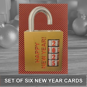 Desbloquea el 2025 con un paquete de 6 tarjetas de felicitación de Año Nuevo en un estilo moderno ideal. Se entregan con sobres kraft. Diseño original.