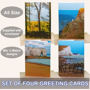 Lot de 4 cartes de voeux sur le thème de la mer. Fourni avec des enveloppes kraft. Conception originale.